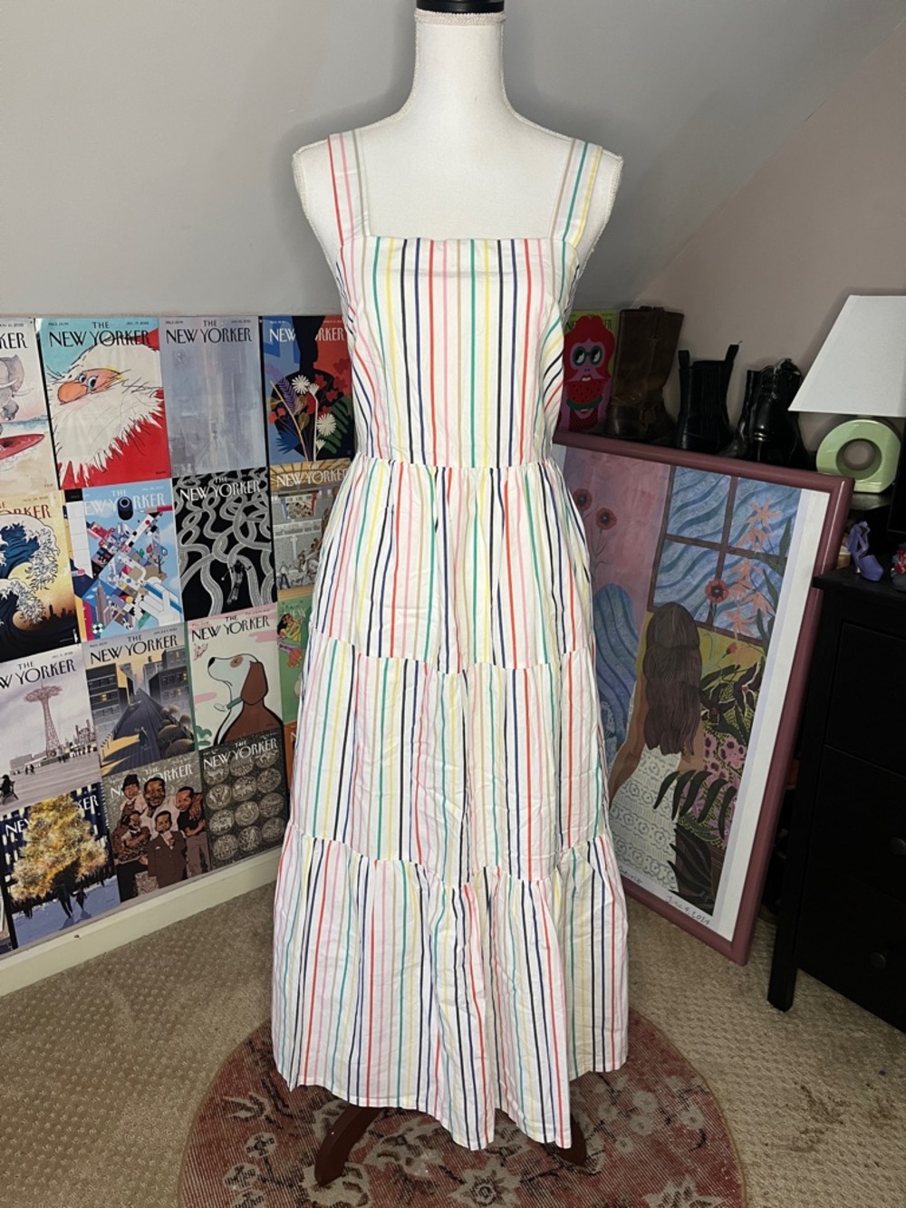 J. Crew Factory White Maxi Dress with Rainbow Stripes